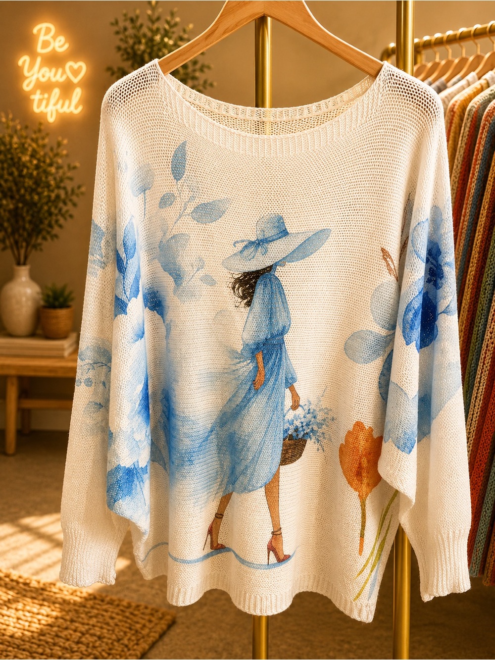 S07. From Italy 🇮🇹 Cream Knit Sweater with Blue Floral & Lady Print